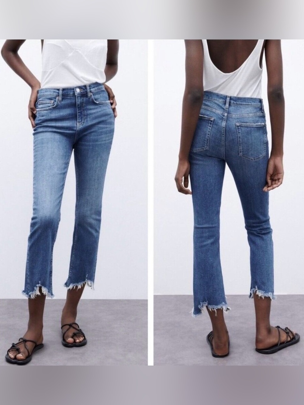 Zara The Bootcut Distressed Raw Frayed Hem Cropped Jeans Sz 6 Cotton Med Wash